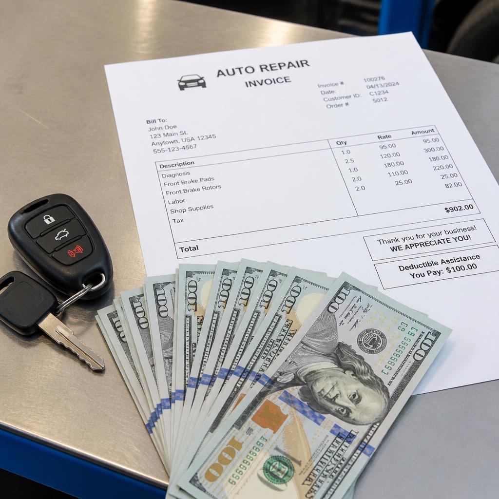 Hands holding cash and car keys over a deductible assistance form