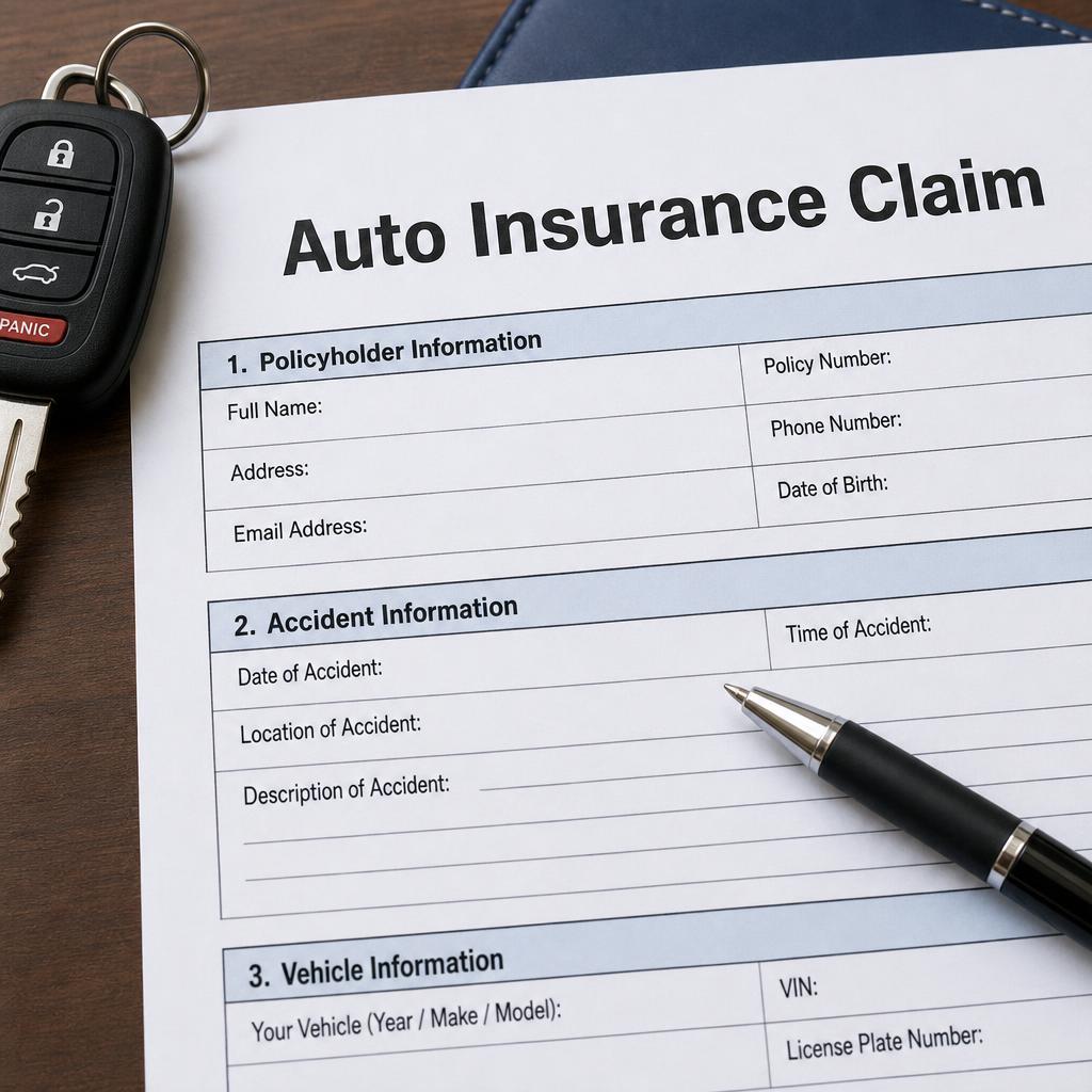 Auto insurance claim paperwork on desk with car in background