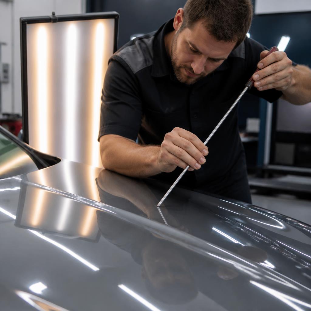 PDR technician removing hail dents from a car hood